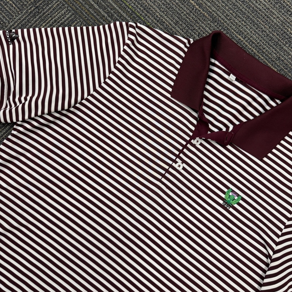 Adidas Golf Polo Mens L Maroon White Striped Short Sleeve Thistle 1899 AE7308